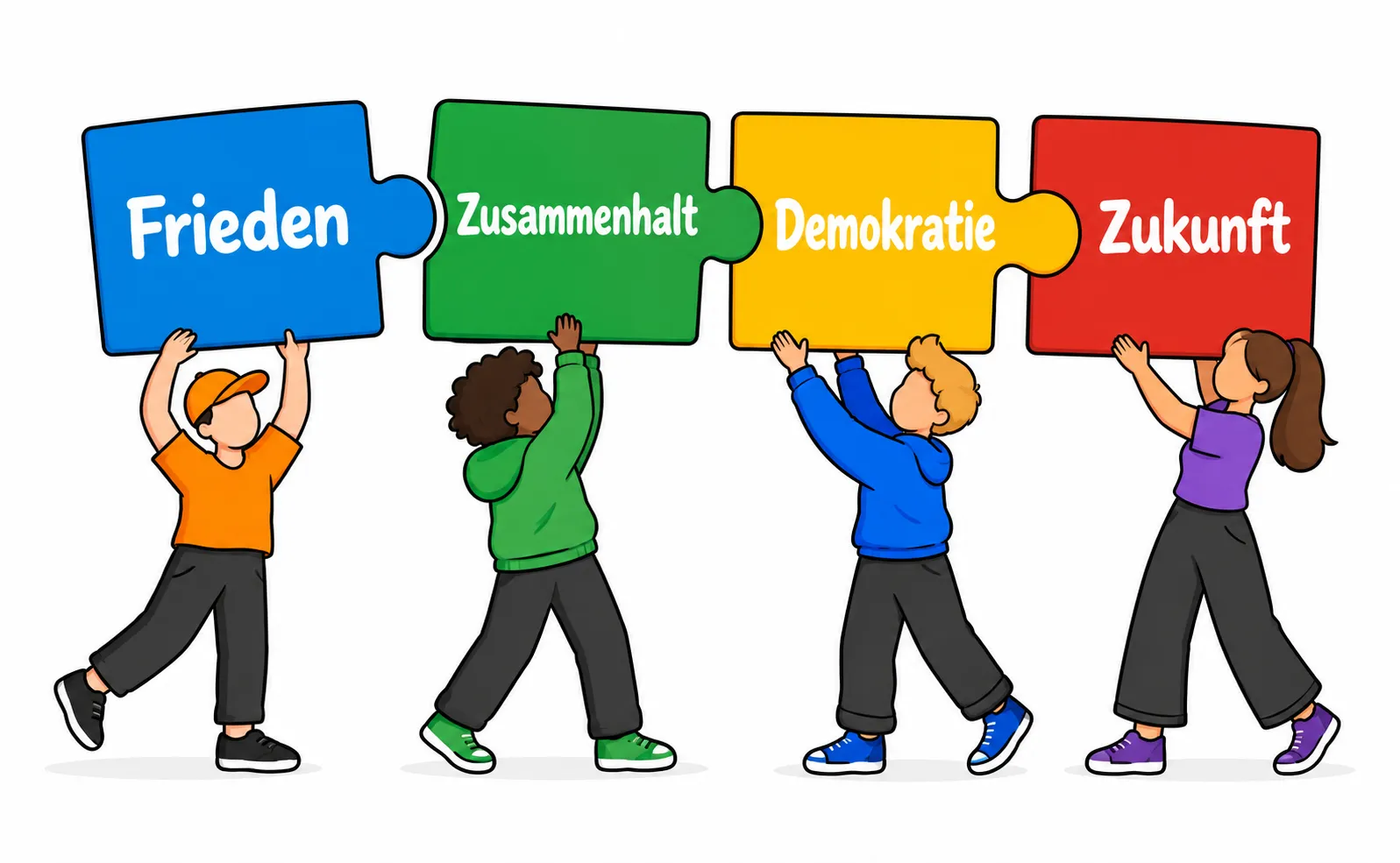 Illustration: Vier junge Menschen halten Puzzleteile mit den Worten Frieden, Zusammenhalt, Demokratie und Zukunft.